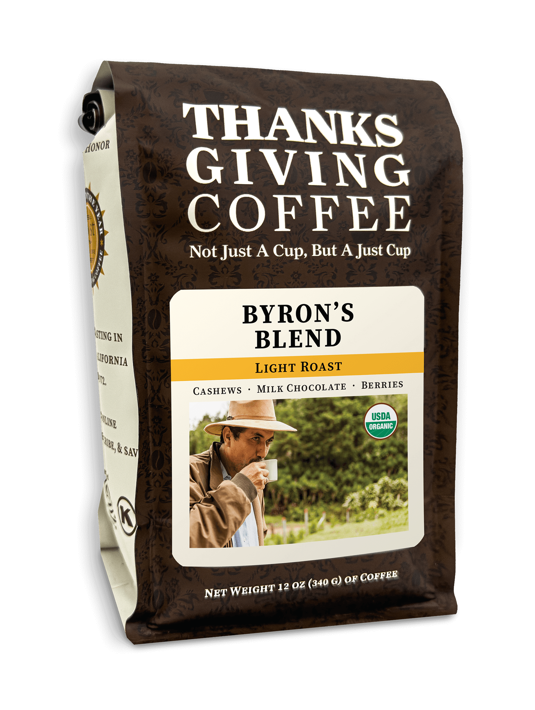 Bag of Byron's Blend light roast coffee from Thanksgiving Coffee Company, featuring a 2023 packaging design.