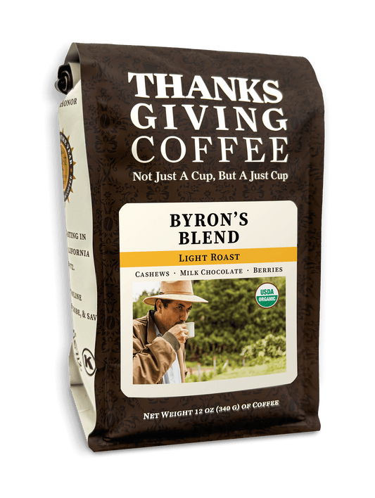 Bag of Byron's Blend light roast coffee from Thanksgiving Coffee Company, featuring a 2023 packaging design.