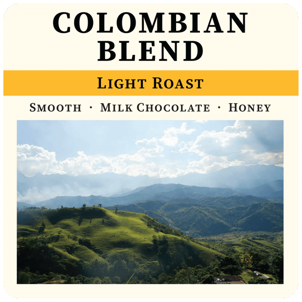 Front label of Thanksgiving Coffee Company's Colombian Blend Light Roast coffee bag showing branding and product details.