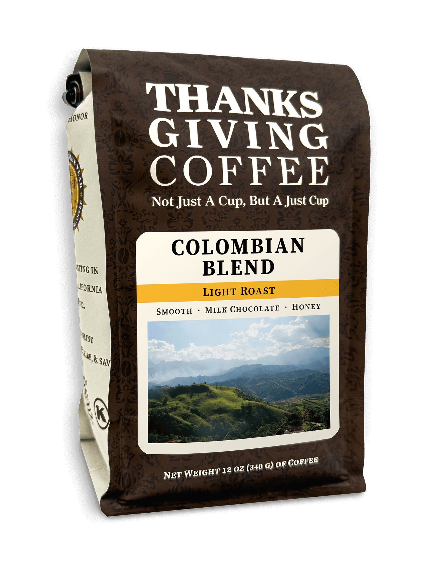 Light roast Colombian coffee beans from Thanksgiving Coffee Company in a 2023 Colombian Blend package.
