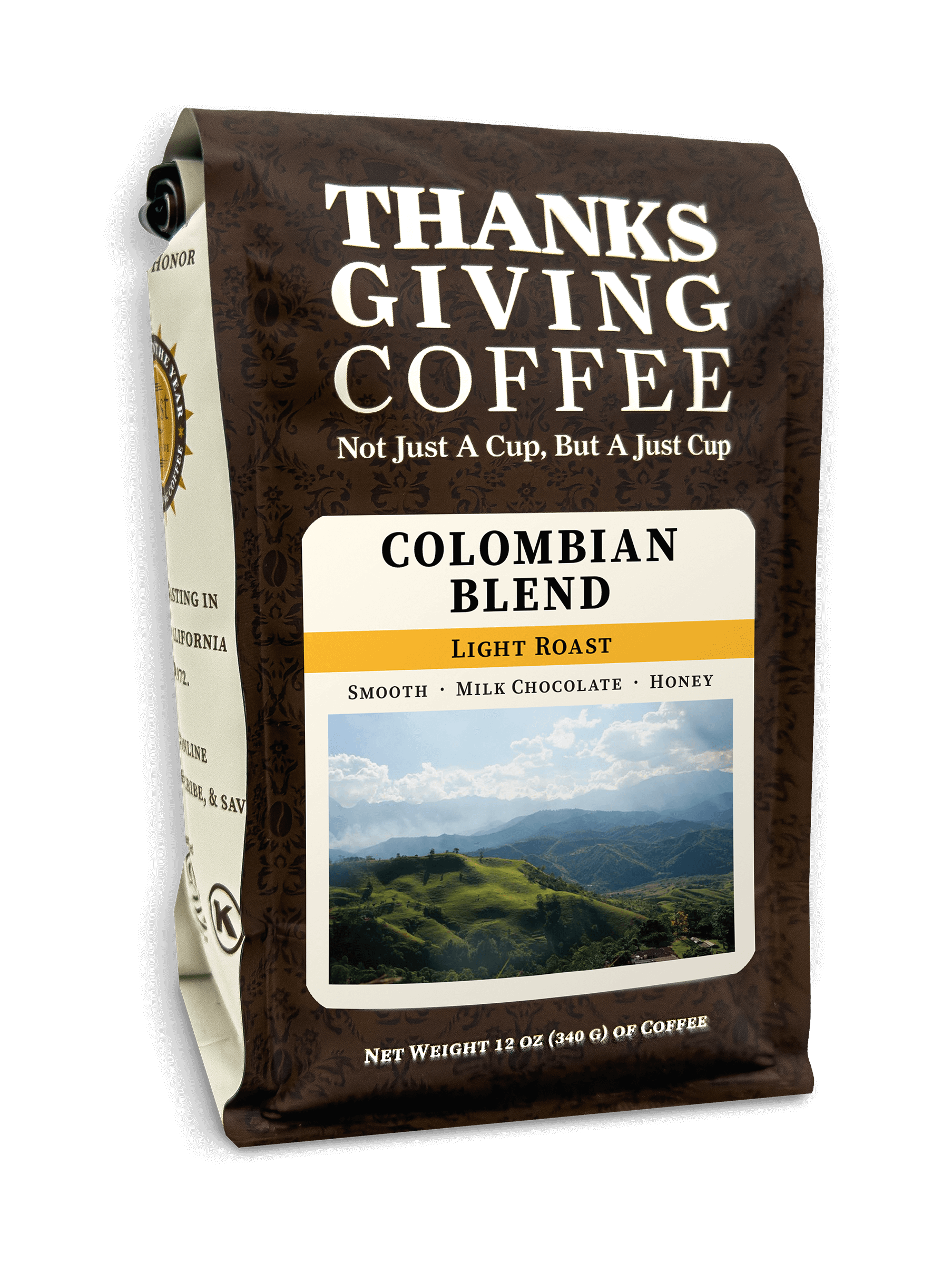 Light roast Colombian coffee beans from Thanksgiving Coffee Company in a 2023 Colombian Blend package.
