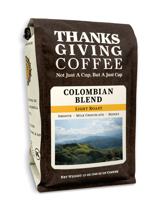 Light roast Colombian coffee beans from Thanksgiving Coffee Company in a 2023 Colombian Blend package.