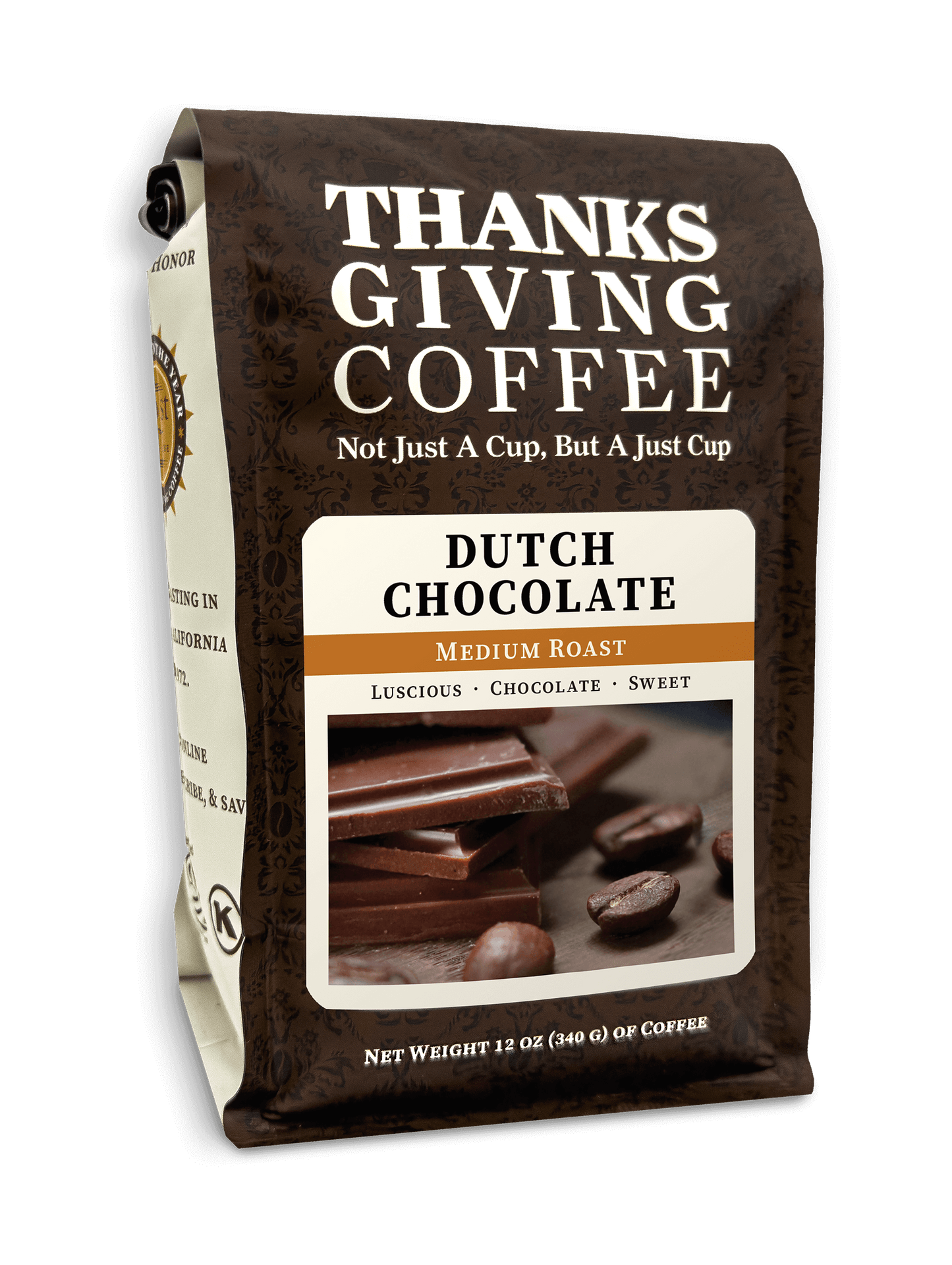 Medium roast Dutch Chocolate coffee pack from Thanksgiving Coffee Company featuring rich, dark chocolate-brown packaging.