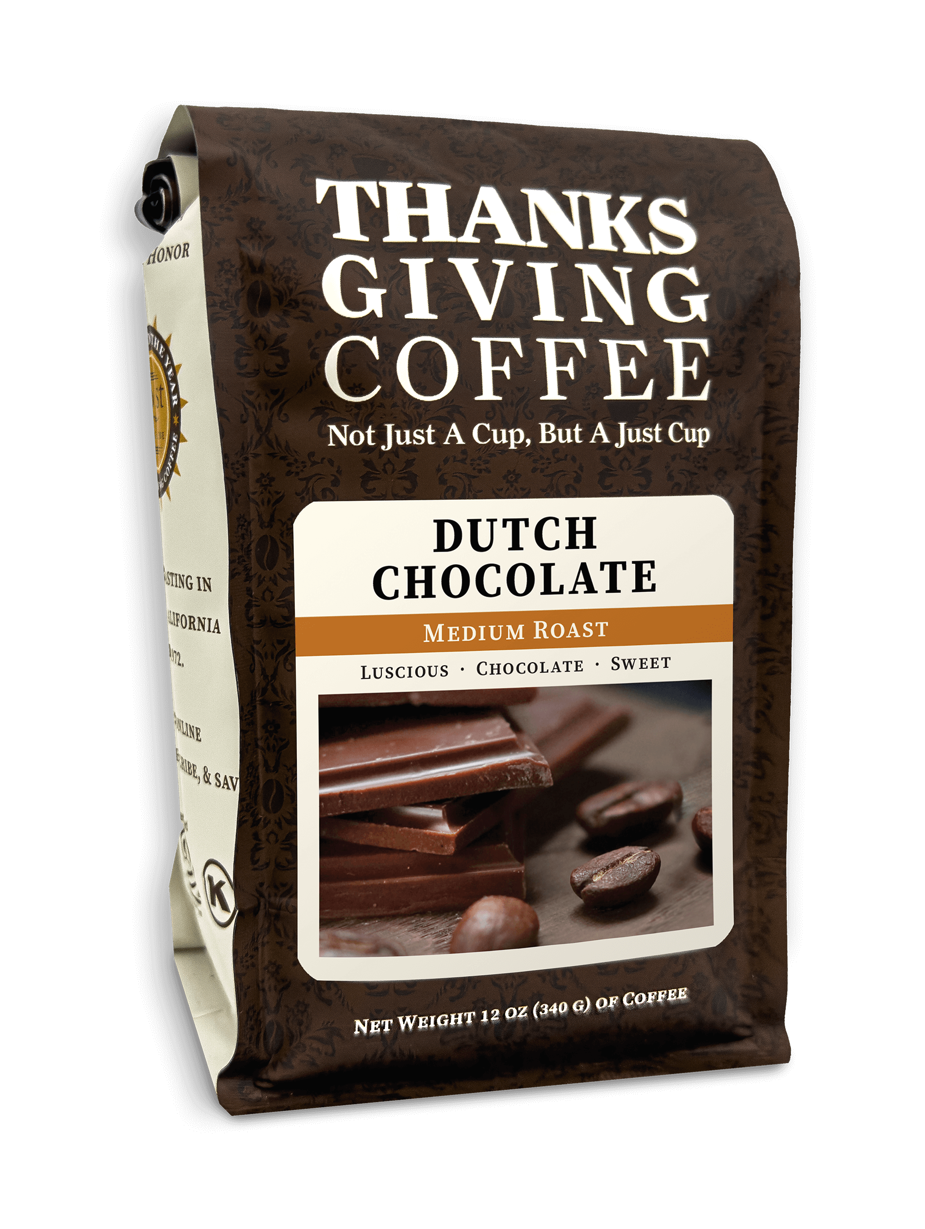 Medium roast Dutch Chocolate coffee pack from Thanksgiving Coffee Company featuring rich, dark chocolate-brown packaging.