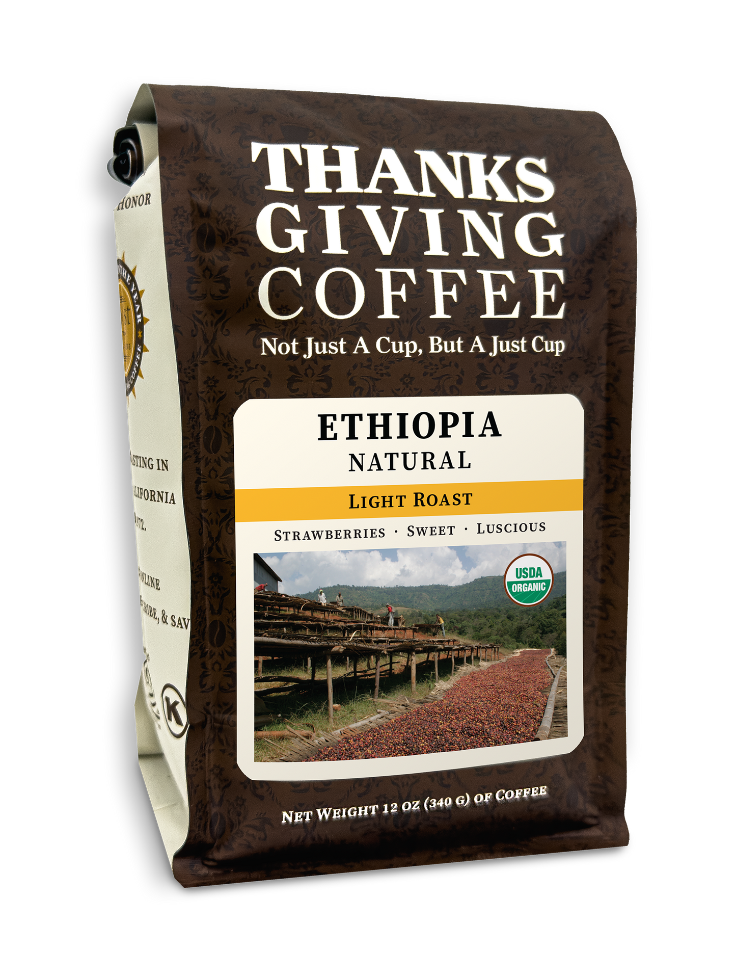 Ethiopia Natural FTO light roast coffee beans from Thanksgiving Coffee Company in a 2023 packaged bag.