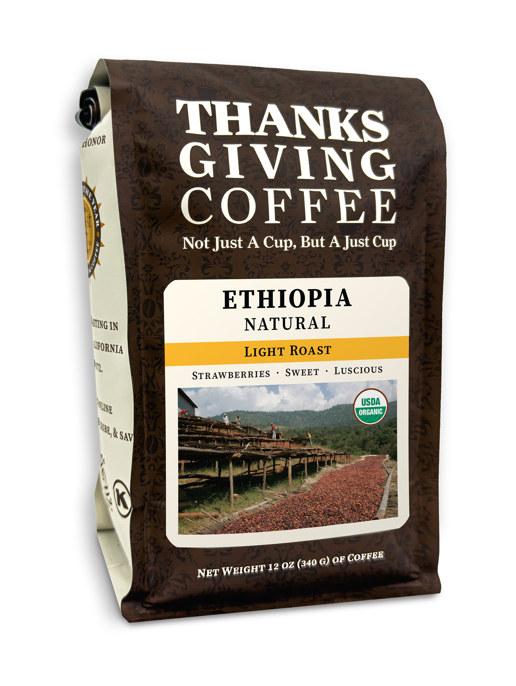 Ethiopia Natural FTO light roast coffee beans from Thanksgiving Coffee Company in a 2023 packaged bag.