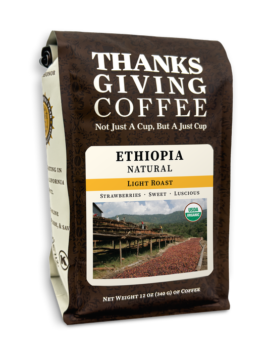 Ethiopia Natural FTO light roast coffee beans from Thanksgiving Coffee Company in a 2023 packaged bag.