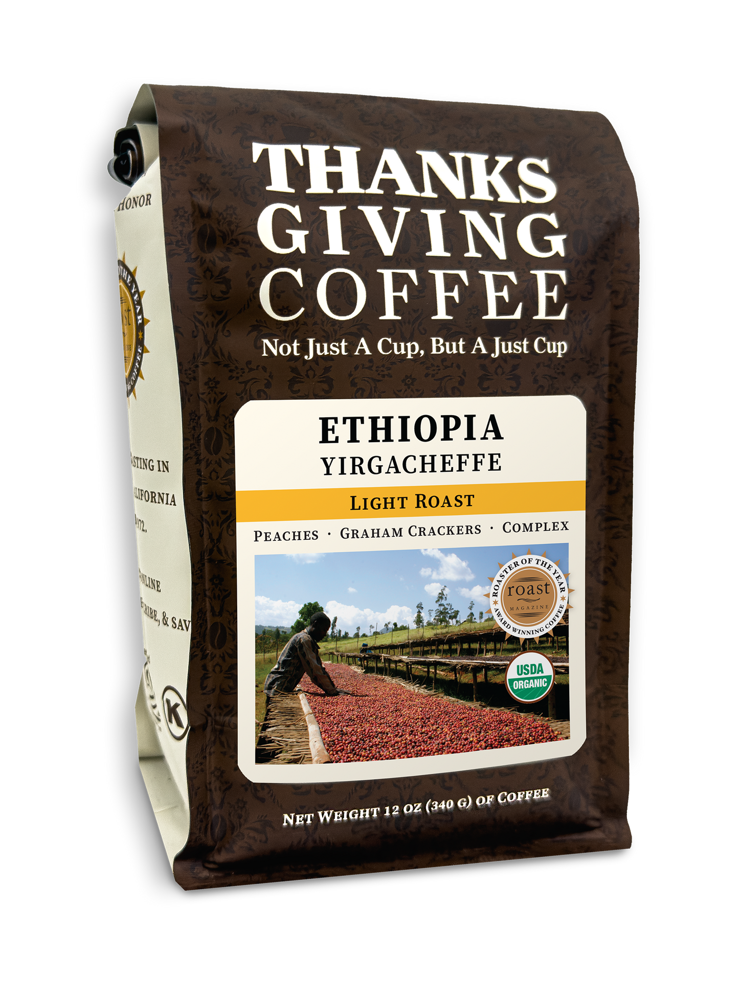 Light roast Ethiopia Yirgacheffe coffee from Gedeb Worka co-op by Thanksgiving Coffee Company, packaged in 2023.