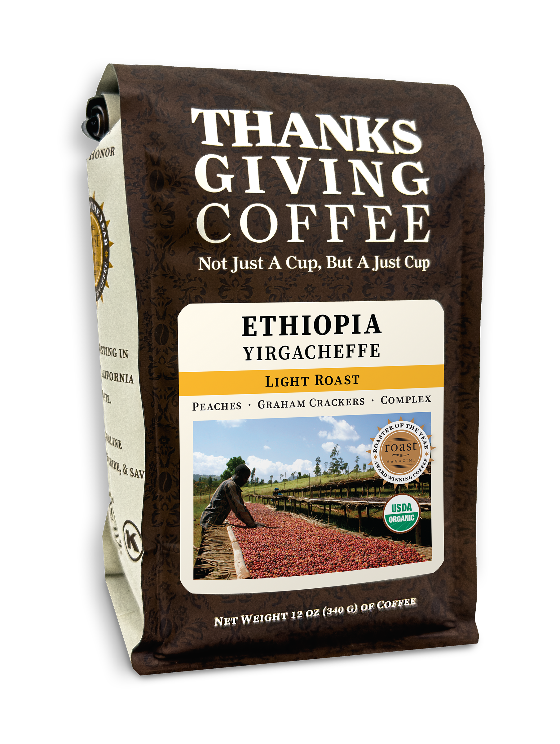 Light roast Ethiopia Yirgacheffe coffee from Gedeb Worka co-op by Thanksgiving Coffee Company, packaged in 2023.
