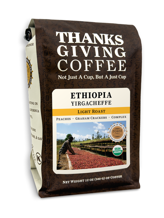 Light roast Ethiopia Yirgacheffe coffee from Gedeb Worka co-op by Thanksgiving Coffee Company, packaged in 2023.