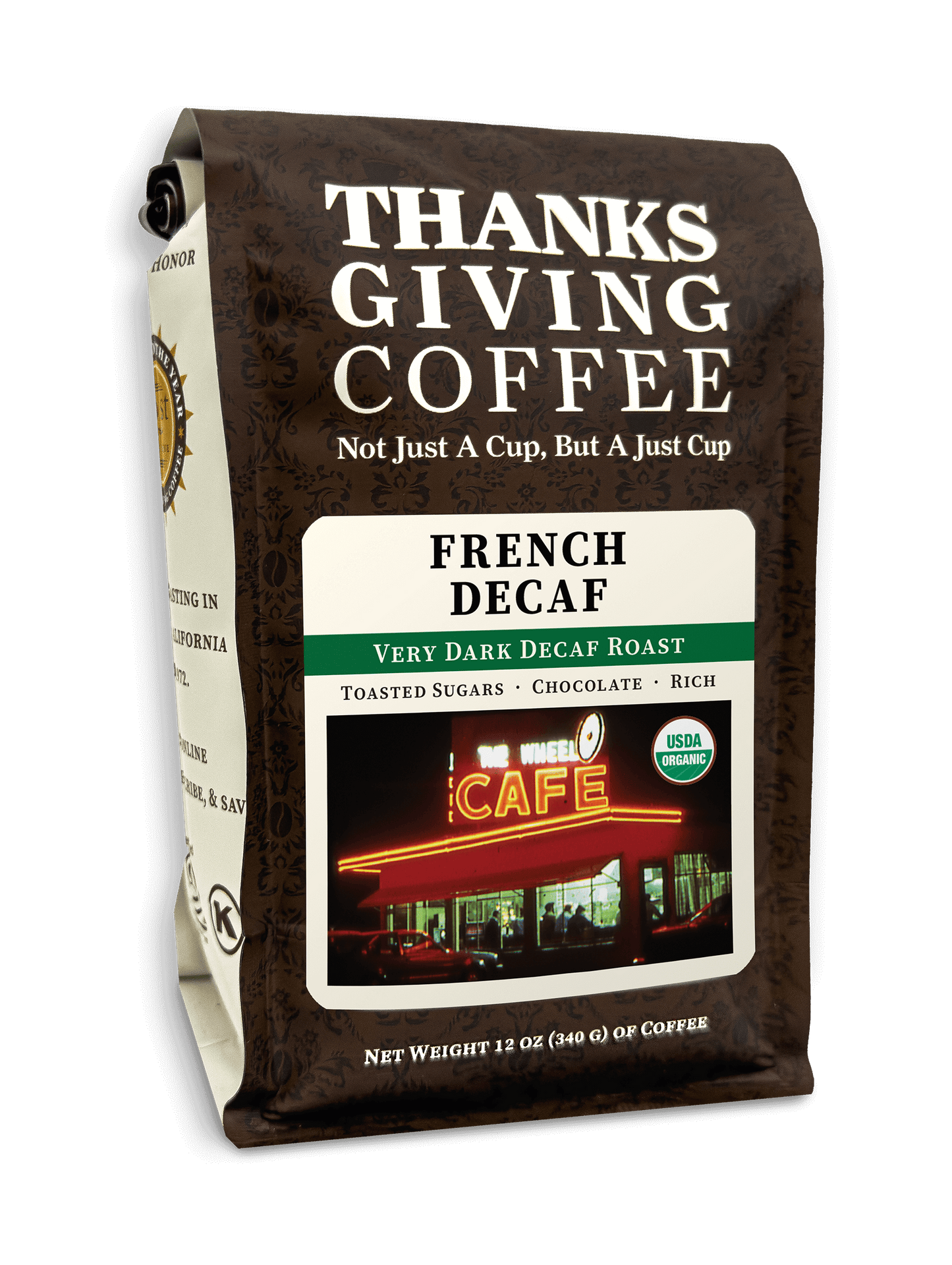 Dark roasted French Decaf coffee pack from Thanksgiving Coffee Company, showcasing a 2023 decaffeinated coffee package.