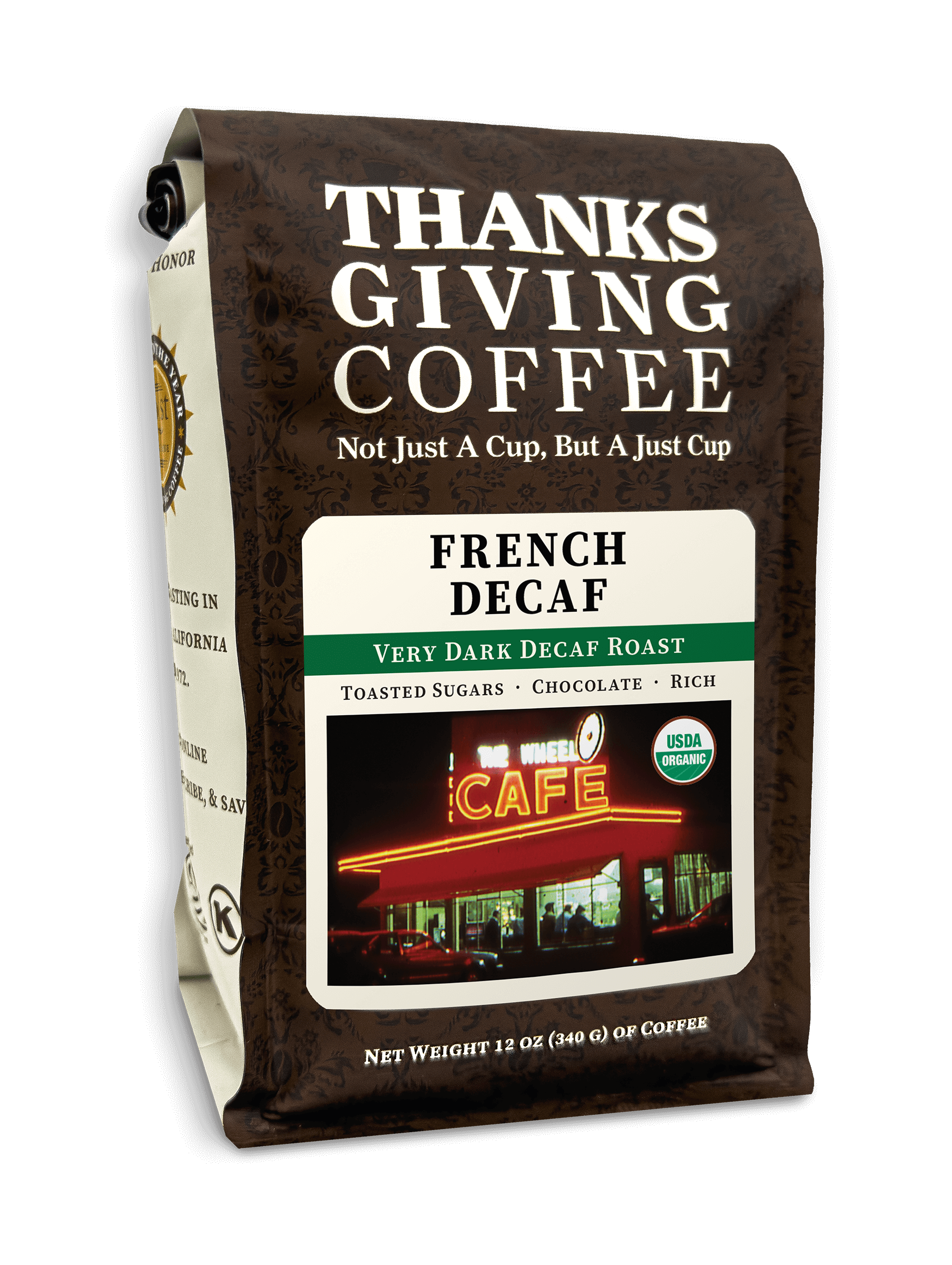 Dark roasted French Decaf coffee pack from Thanksgiving Coffee Company, showcasing a 2023 decaffeinated coffee package.