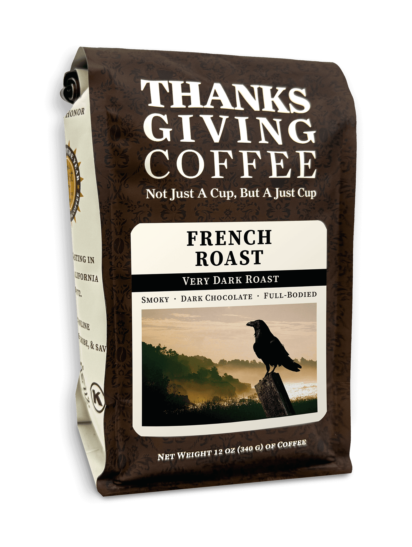 Bag of Thanksgiving Coffee Company's French Roast dark roast coffee beans in 2023 packaging.