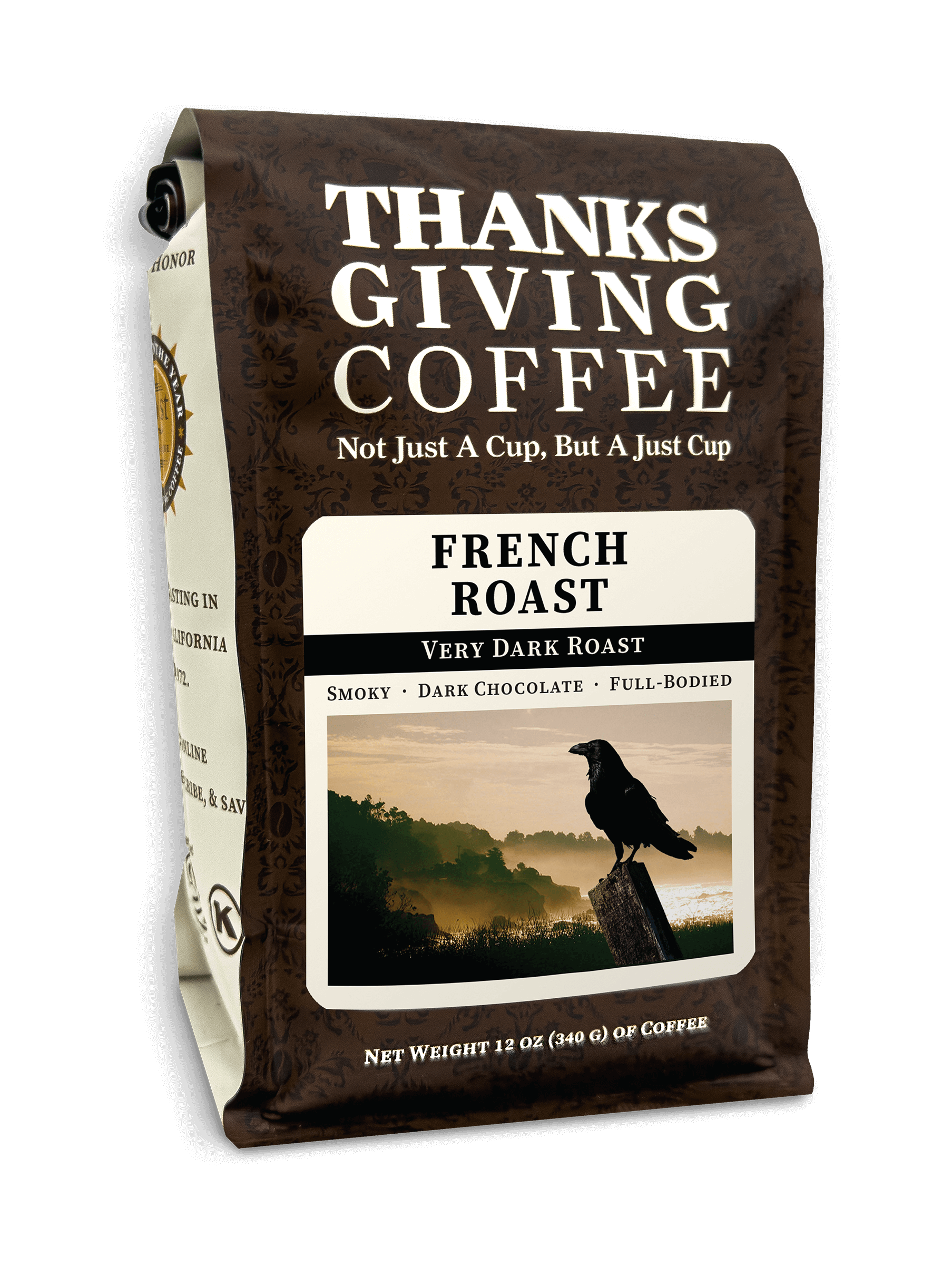 Bag of Thanksgiving Coffee Company's French Roast dark roast coffee beans in 2023 packaging.