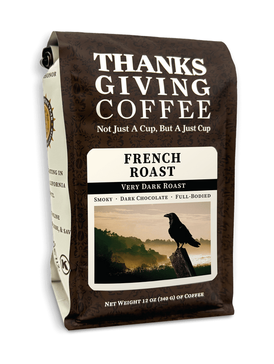 Bag of Thanksgiving Coffee Company's French Roast dark roast coffee beans in 2023 packaging.