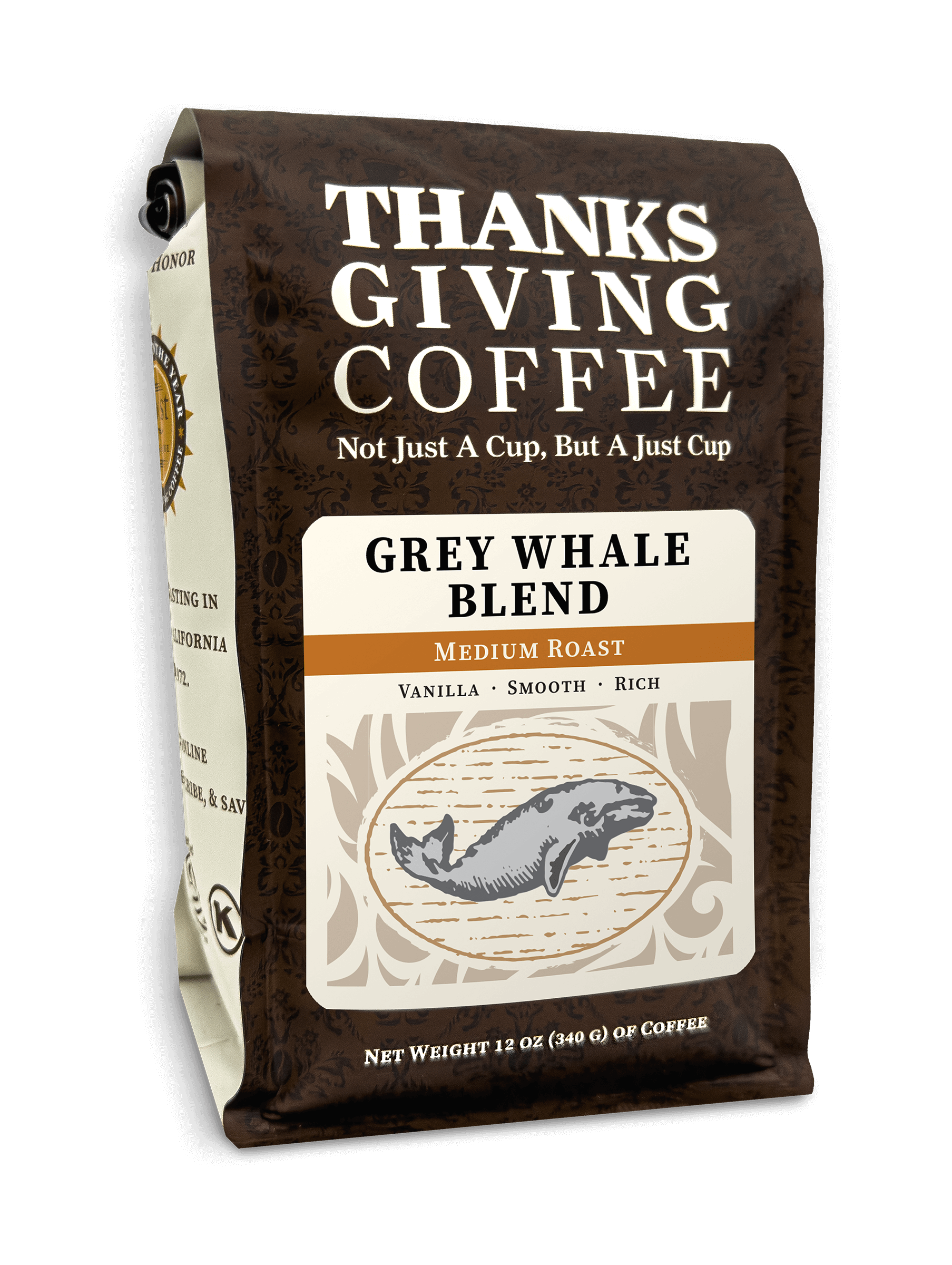 Bag of Grey Whale Blend coffee from Thanksgiving Coffee Company, showing the 2023 Grey Whale Pack label with branding and design.
