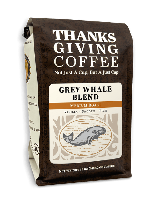 Bag of Grey Whale Blend coffee from Thanksgiving Coffee Company, showing the 2023 Grey Whale Pack label with branding and design.