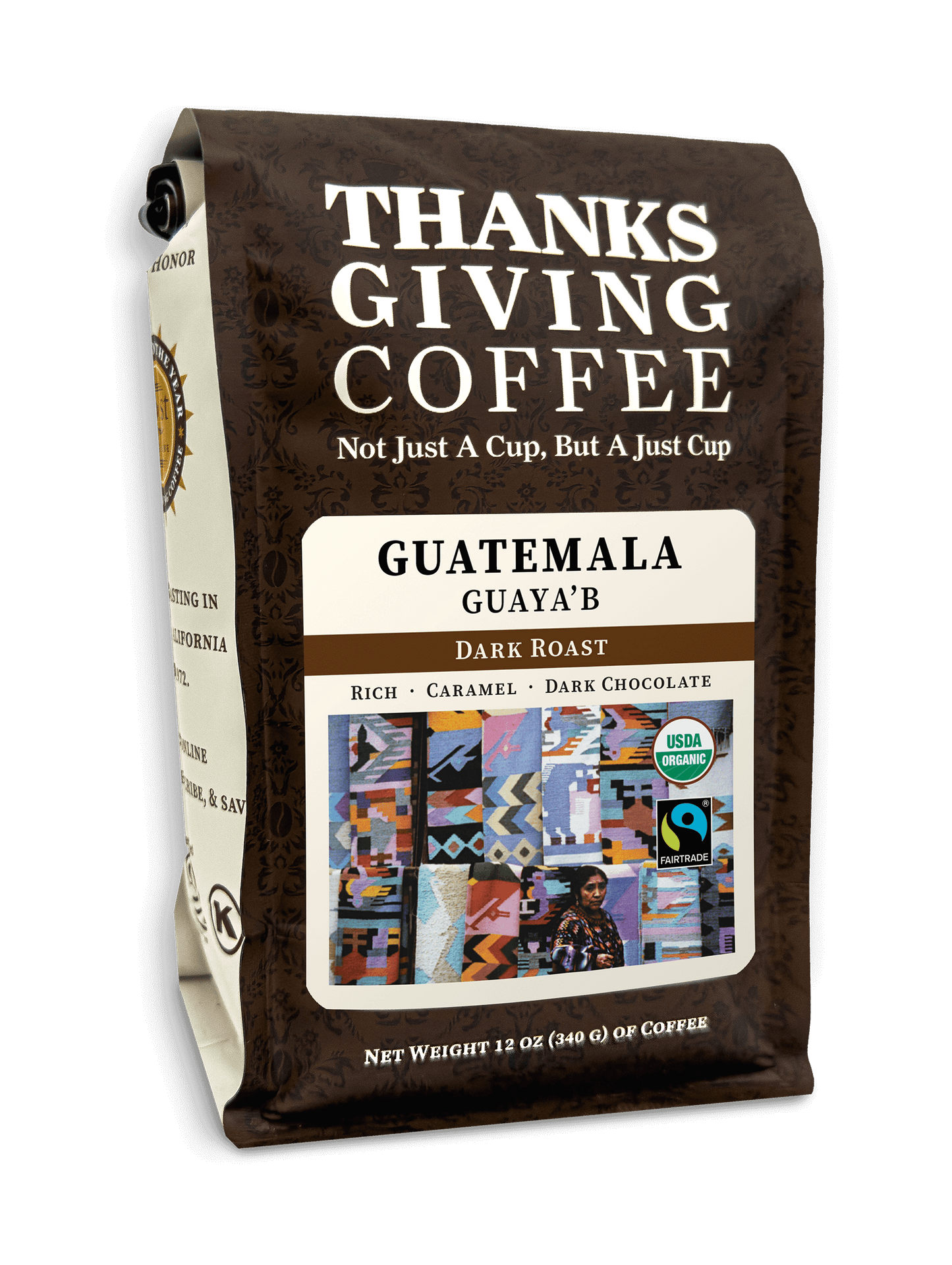 Guatemala FTO Dark Roast coffee bag by Thanksgiving Coffee Company with a dark roast label and 2023 packaging design.