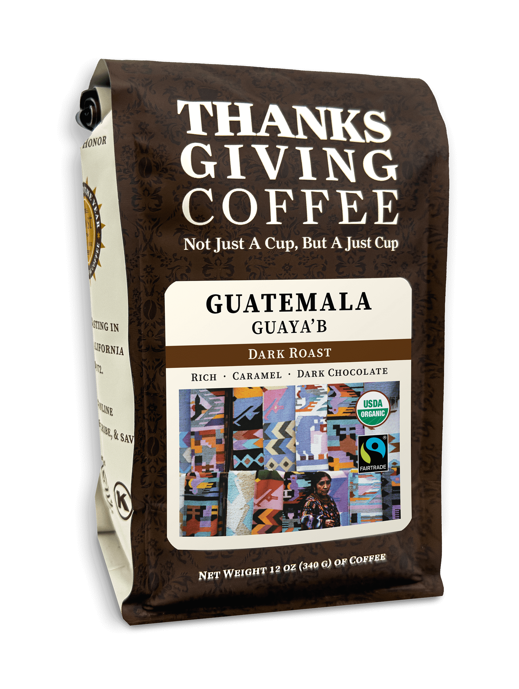 Guatemala FTO Dark Roast coffee bag by Thanksgiving Coffee Company with a dark roast label and 2023 packaging design.