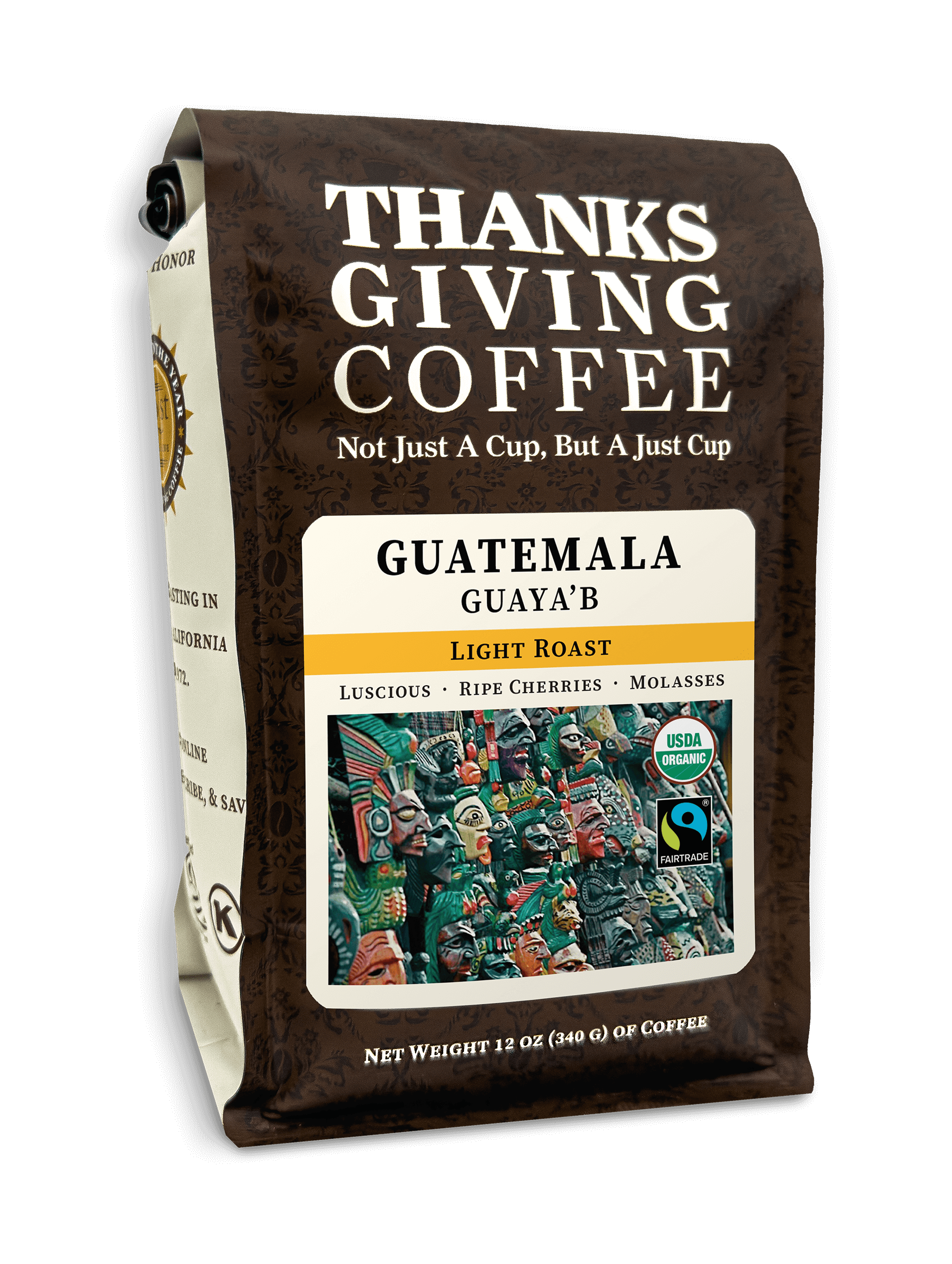 Guatemala Light Roast coffee bag from Thanksgiving Coffee Company, FTO light roast with a 2023 label and packaging design.
