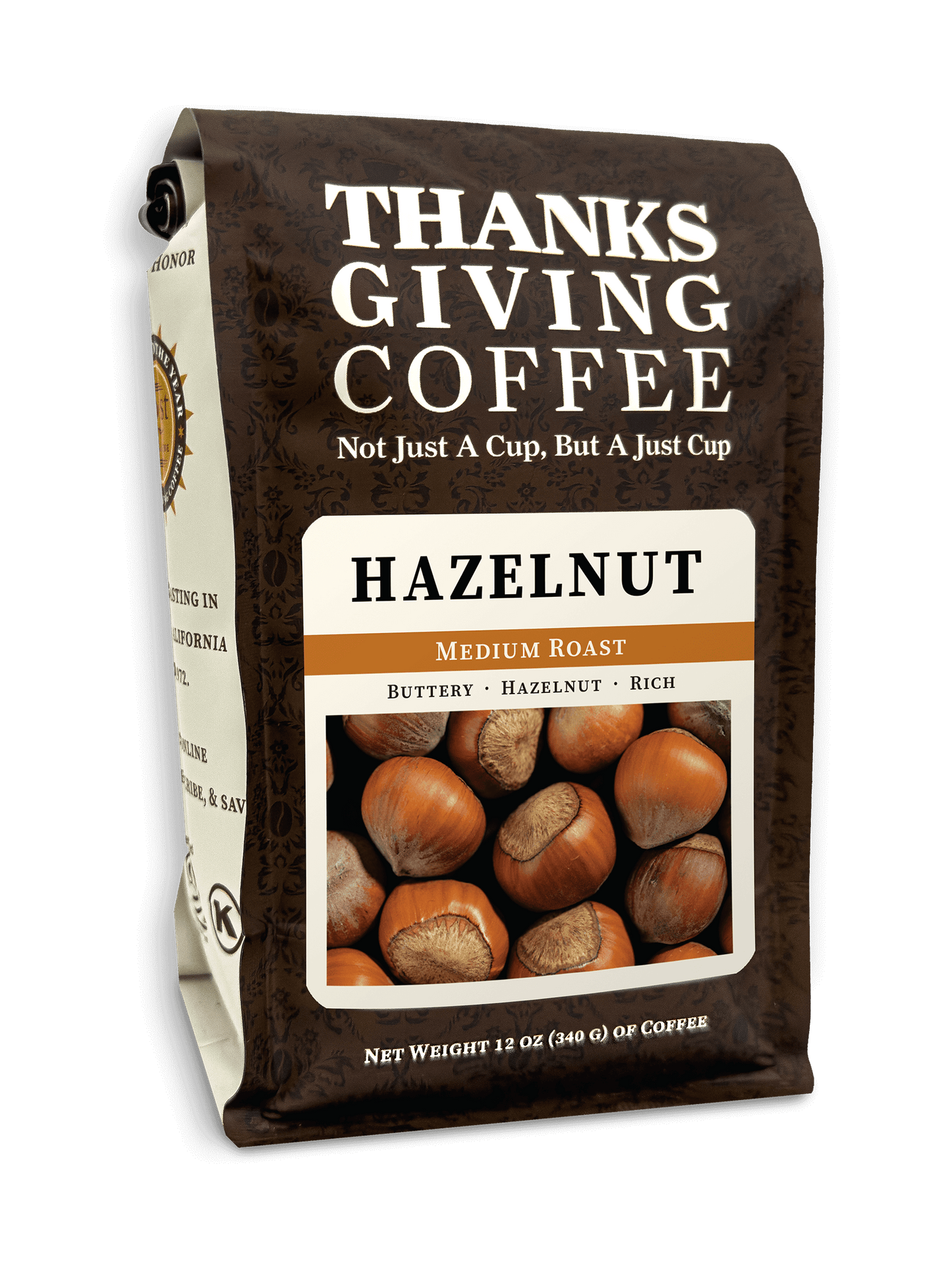 Medium roast hazelnut coffee pack from Thanksgiving Coffee Company, showcasing roasted coffee beans in a resealable bag.
