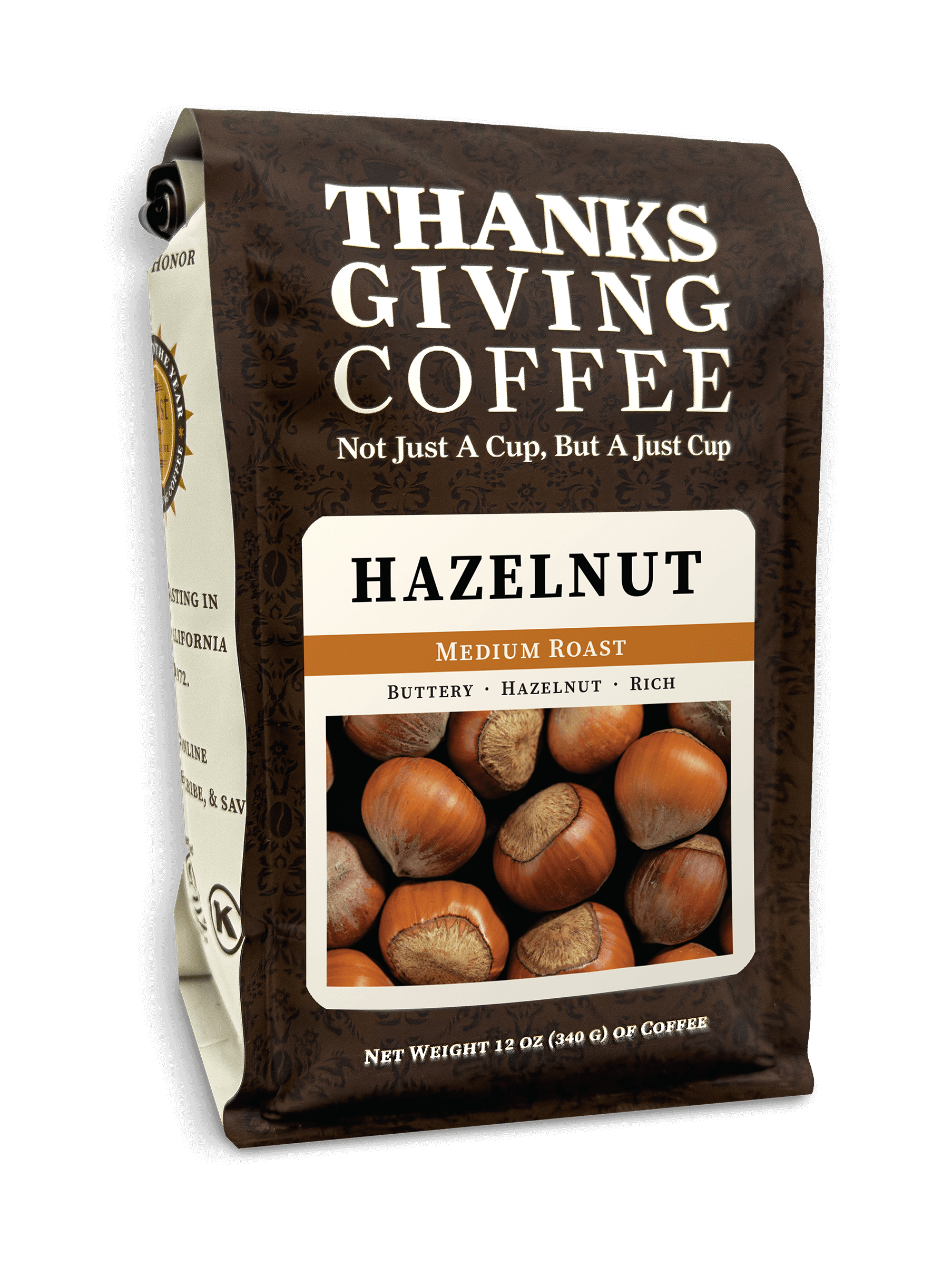Medium roast hazelnut coffee pack from Thanksgiving Coffee Company, showcasing roasted coffee beans in a resealable bag.