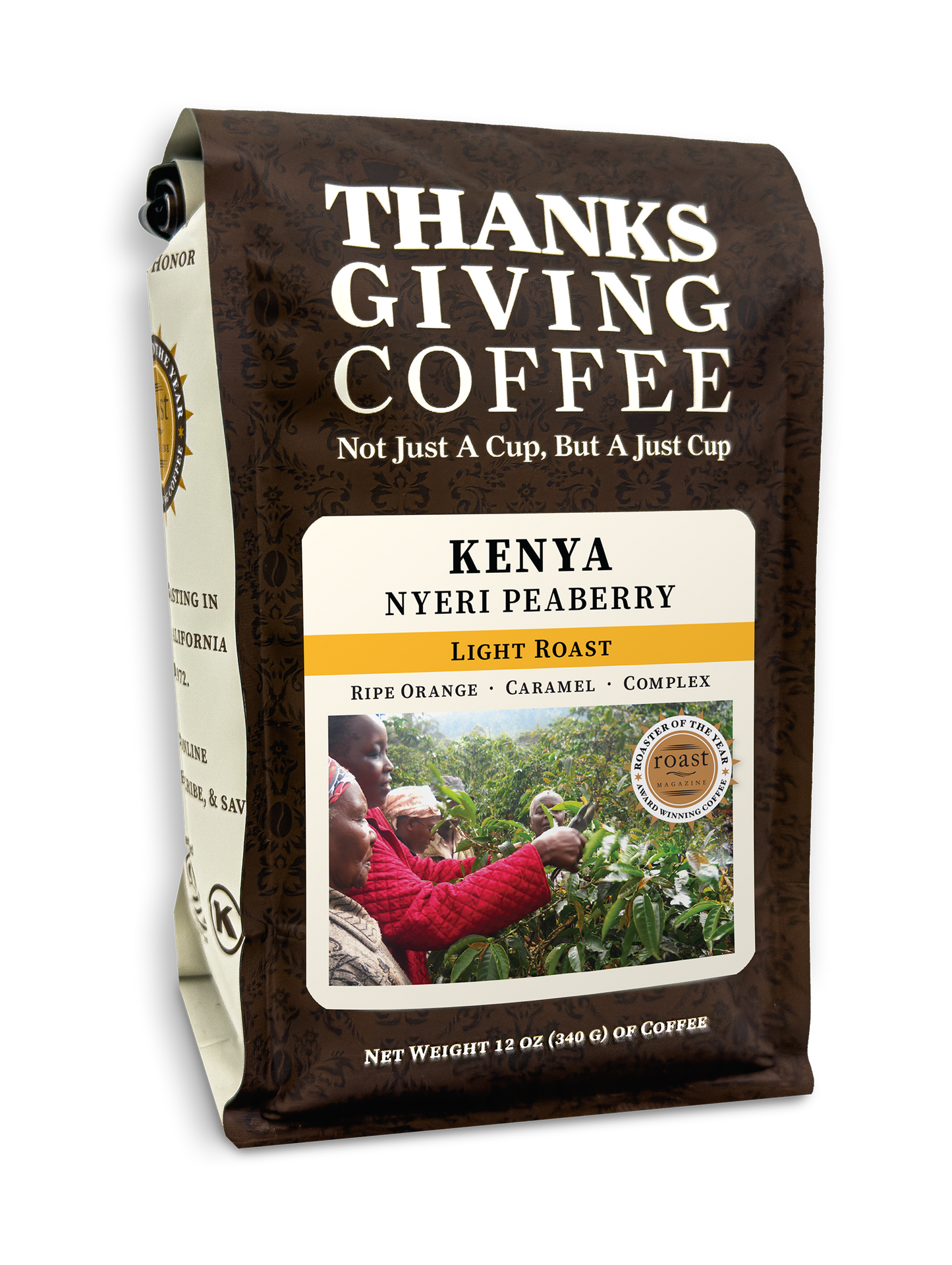 Freshly roasted Kenya Nyeri Peaberry light roast coffee beans from Thanksgiving Coffee Company in a 2023 packaging.