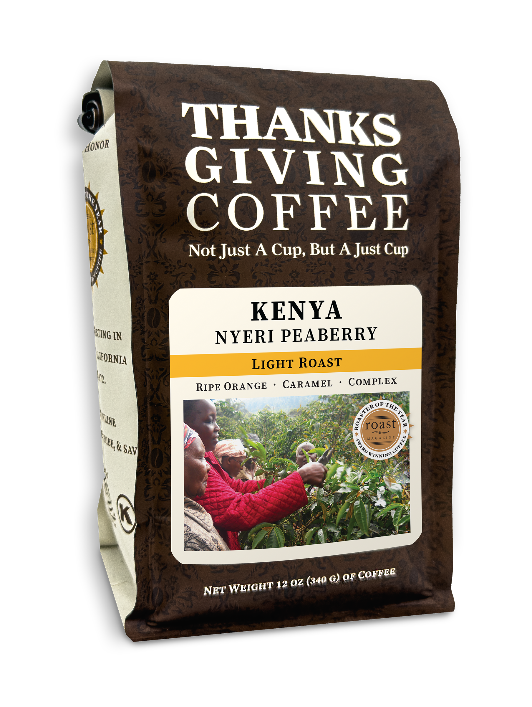 Freshly roasted Kenya Nyeri Peaberry light roast coffee beans from Thanksgiving Coffee Company in a 2023 packaging.