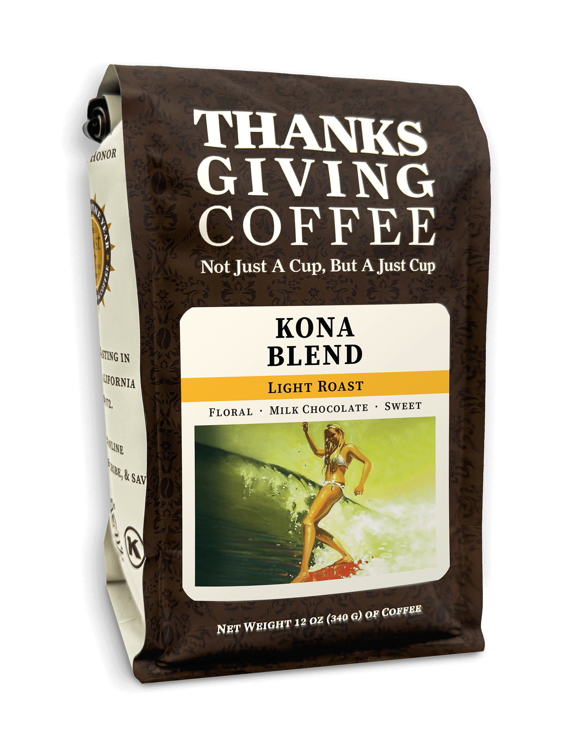 Light roast Kona Blend coffee pack from Thanksgiving Coffee Company, featuring a 2023 Kona coffee label with vibrant design.