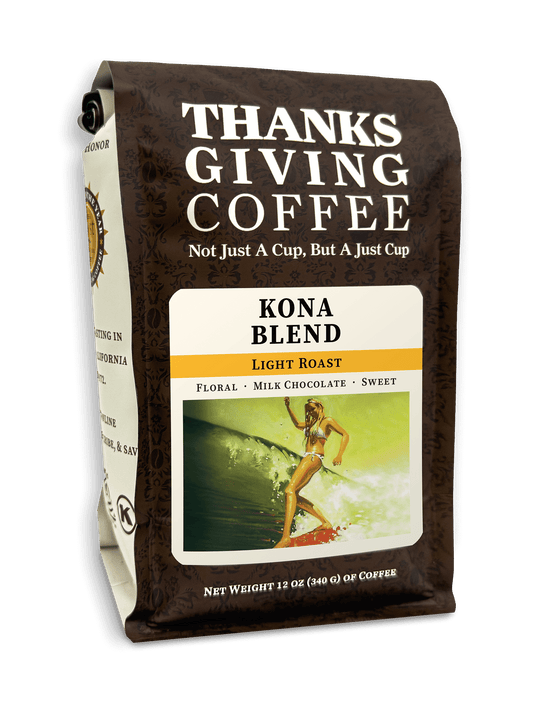 Light roast Kona Blend coffee pack from Thanksgiving Coffee Company, featuring a 2023 Kona coffee label with vibrant design.