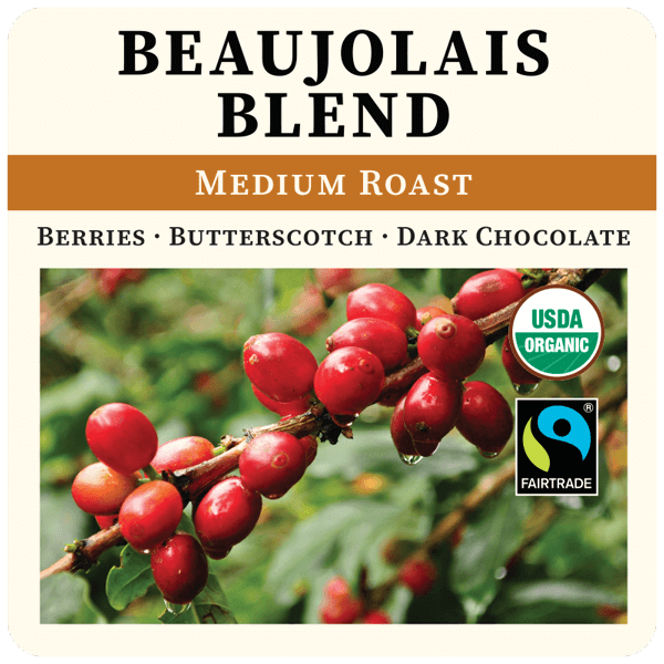 Beaujolais Blend medium roast coffee bag from Thanksgiving Coffee Company with 2023 label and colorful artwork