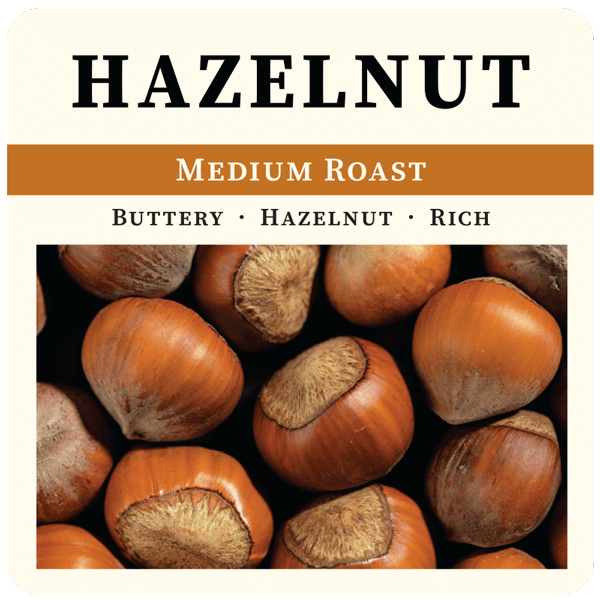 Medium roast Hazelnut coffee bag from Thanksgiving Coffee Company with a 2023 label and hazelnut flavor description.