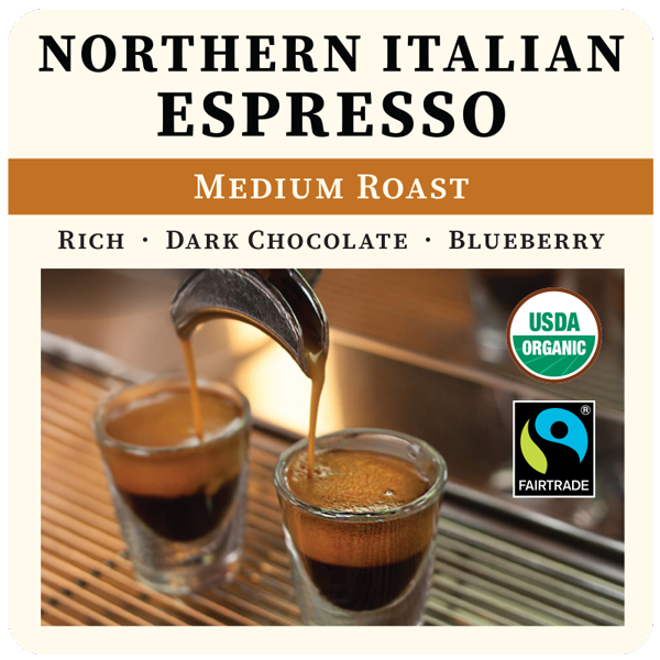 Medium roast Northern Italian Style espresso coffee from Thanksgiving Coffee Company with 2023 label and detailed packaging design.