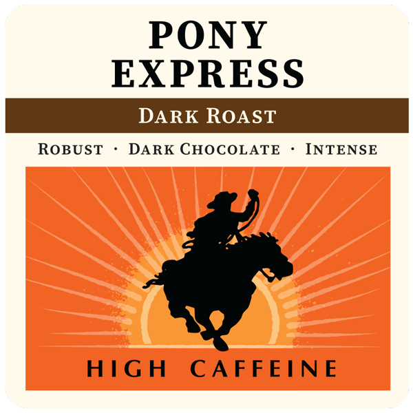Dark roast Pony Express coffee bag by Thanksgiving Coffee Company with vintage-style 2023 label and bold typography.