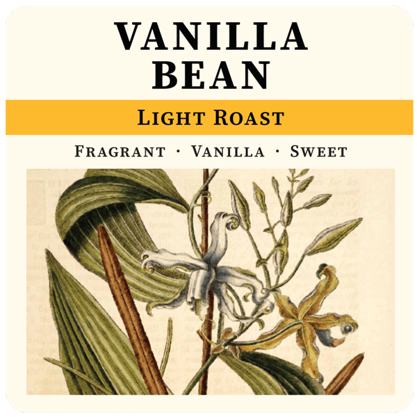Light roast vanilla bean coffee bag from Thanksgiving Coffee Company with 2023 vanilla bean label.