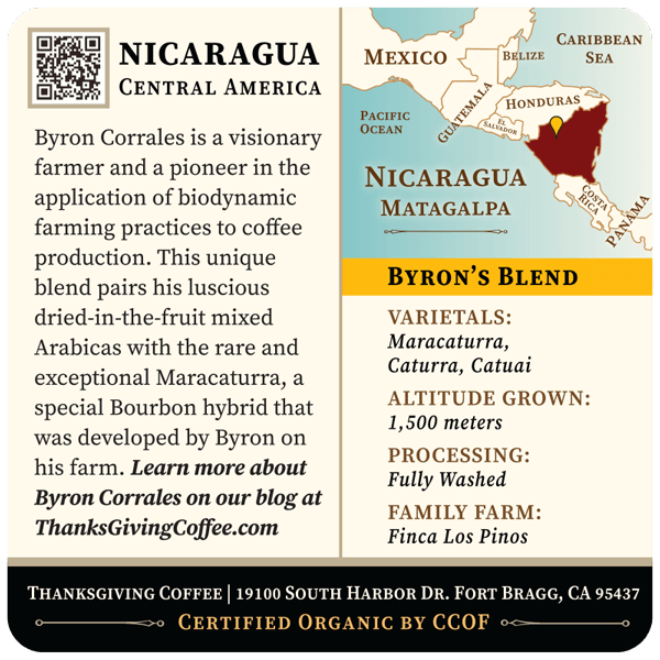 Back label of Byron's Blend light roast coffee bag by Thanksgiving Coffee Company, featuring branding and product details.