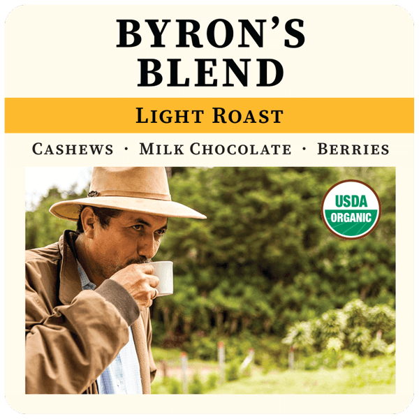 Light roast Byron's Blend coffee bag from Thanksgiving Coffee Company with colorful label design.