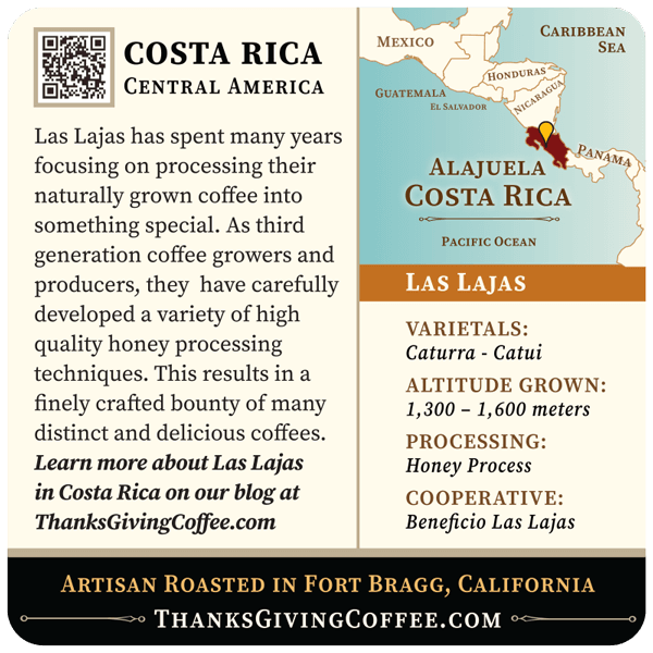 Back label of Thanksgiving Coffee Company's Costa Rica medium roast coffee bag showing product details and branding.