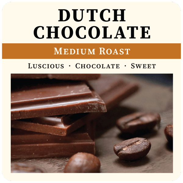 Medium roast Dutch Chocolate coffee bag from Thanksgiving Coffee Company with a colorful label featuring Dutch-inspired design.