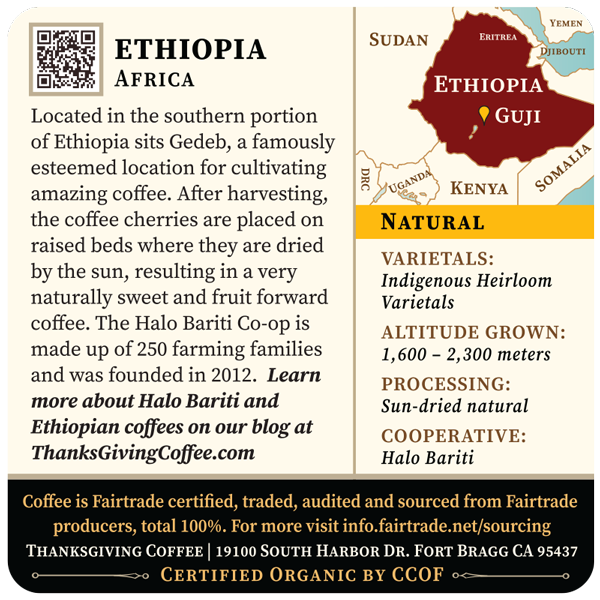 Ethiopia Natural FTO light roast coffee bag from Thanksgiving Coffee Company with label details on back.