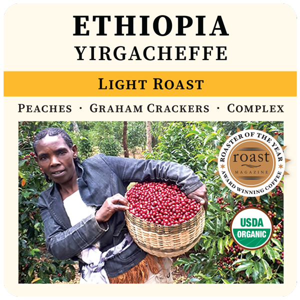 Light roast Ethiopia Yirgacheffe coffee bag from Thanksgiving Coffee Company with Gedeb Worka Co-op label and vibrant design.