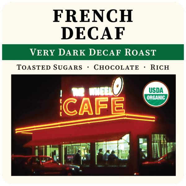 Decaf Very Dark Roast coffee bag with Thanksgiving Coffee Company label and French Decaf branding.