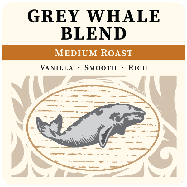 Label for Grey Whale Blend coffee by Thanksgiving Coffee Company, featuring a grey whale illustration on a coffee bag label.