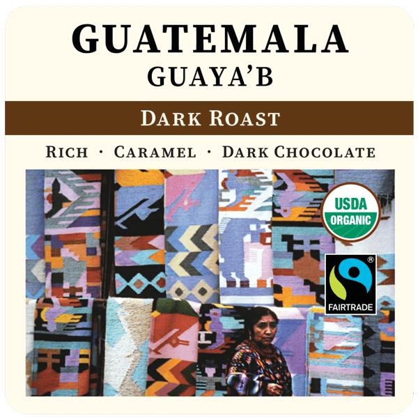 Front label of Thanksgiving Coffee Company's Guatemala Dark Roast FTO coffee bag showing the 2023 design.