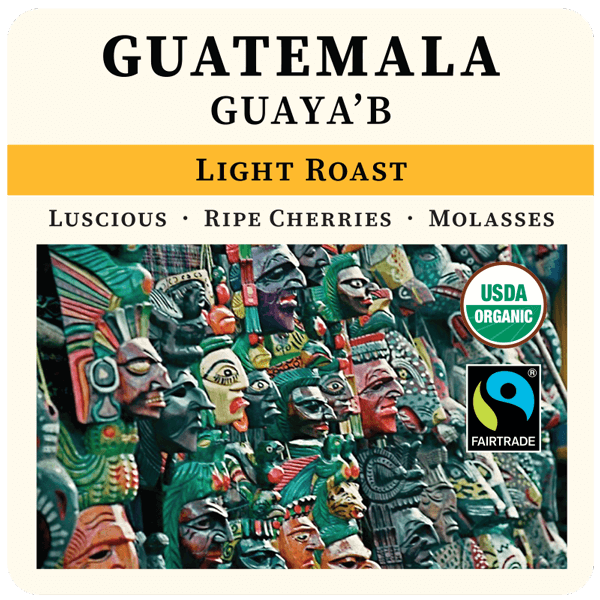 Guatemala Light Roast coffee bag from Thanksgiving Coffee Company with FTO label and Guatemala coffee branding.