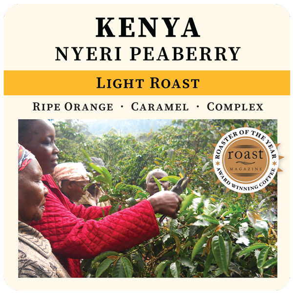 Light roast Kenya Nyeri Peaberry coffee bag from Thanksgiving Coffee Company with colorful label design.