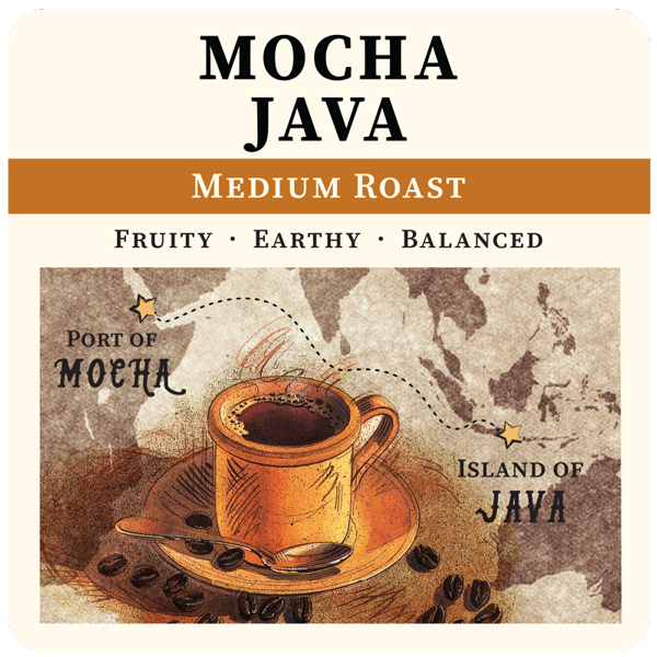 Medium roast Mocha Java coffee bag from Thanksgiving Coffee Company with classic label design and 2023 branding.
