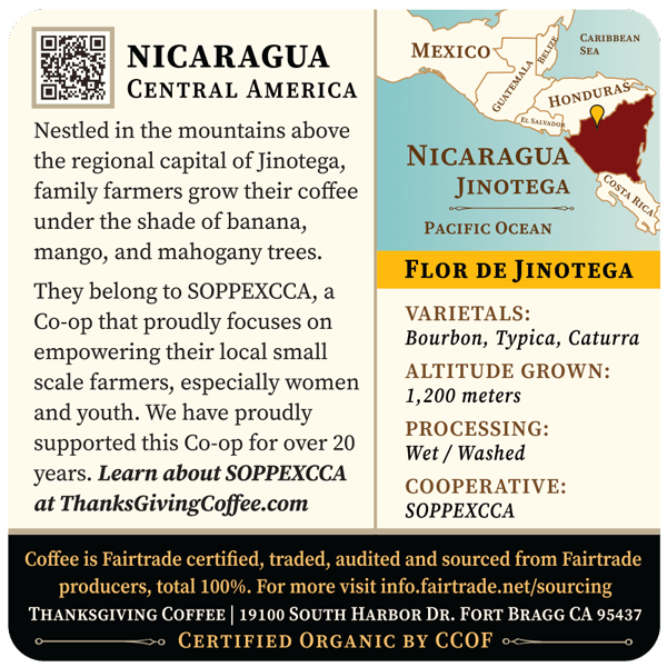 Nicaragua Flor de Jinotega light roast coffee bag label from Thanksgiving Coffee Company with detailed design and branding.