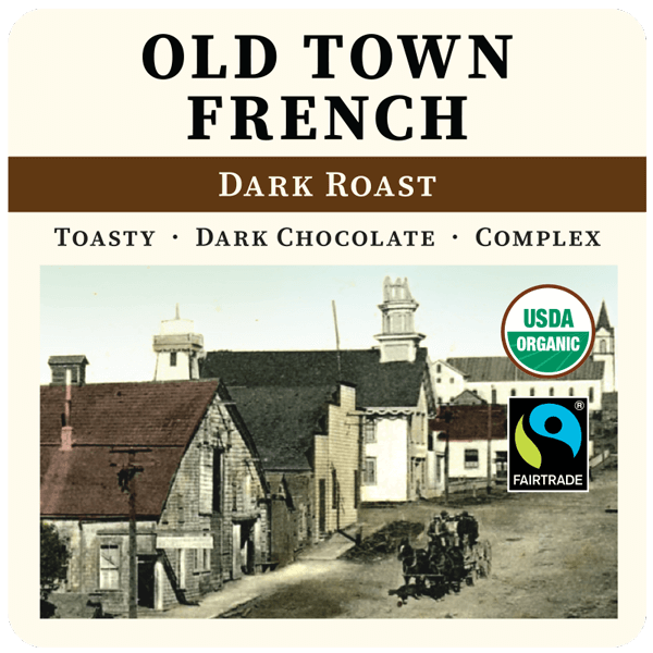 Old Town French FTO dark roast coffee bag label from Thanksgiving Coffee Company, featuring vintage design and branding details.