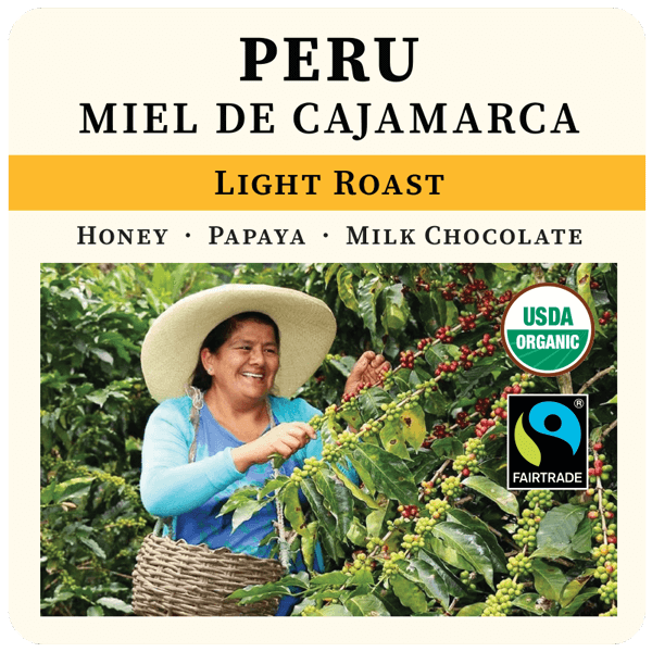 Bag of Thanksgiving Coffee Company Peru Miel de Cajamarca FTO light roast coffee with label design featuring the product name and brand.